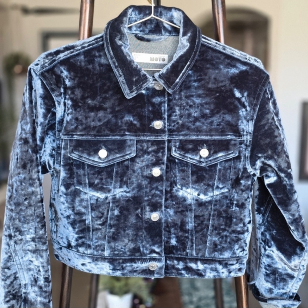 Topshop MOTO Rare Velvet Jean Jacket - Dark Blue Sz 6 - Picture 1 of 7
